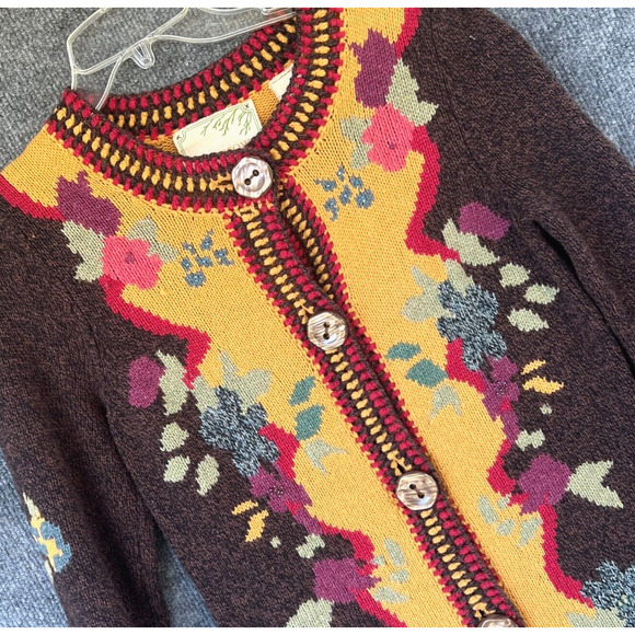 Sparrow Cardigan Womens Small Yellow Brown Lambswool Floral Longline Boho Floral - Picture 3 of 9
